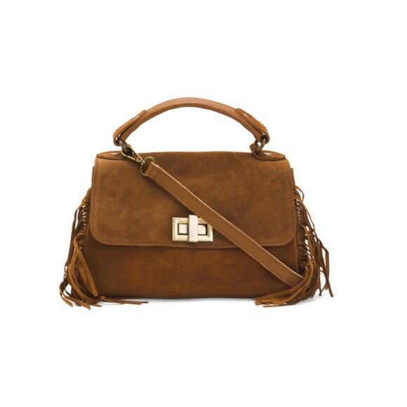 MARLON Cuoio Made In Italy Leather Flap Over Satchel With Corner Fringe